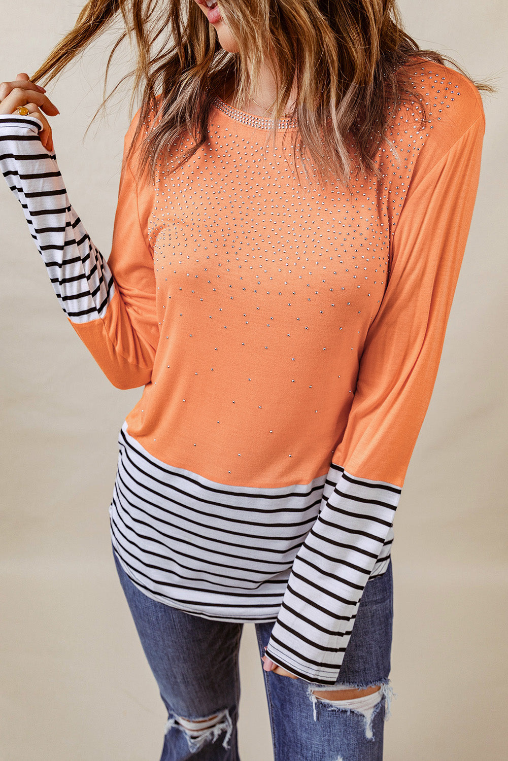 Striped Color Block Rhinestone Curved Hem Top