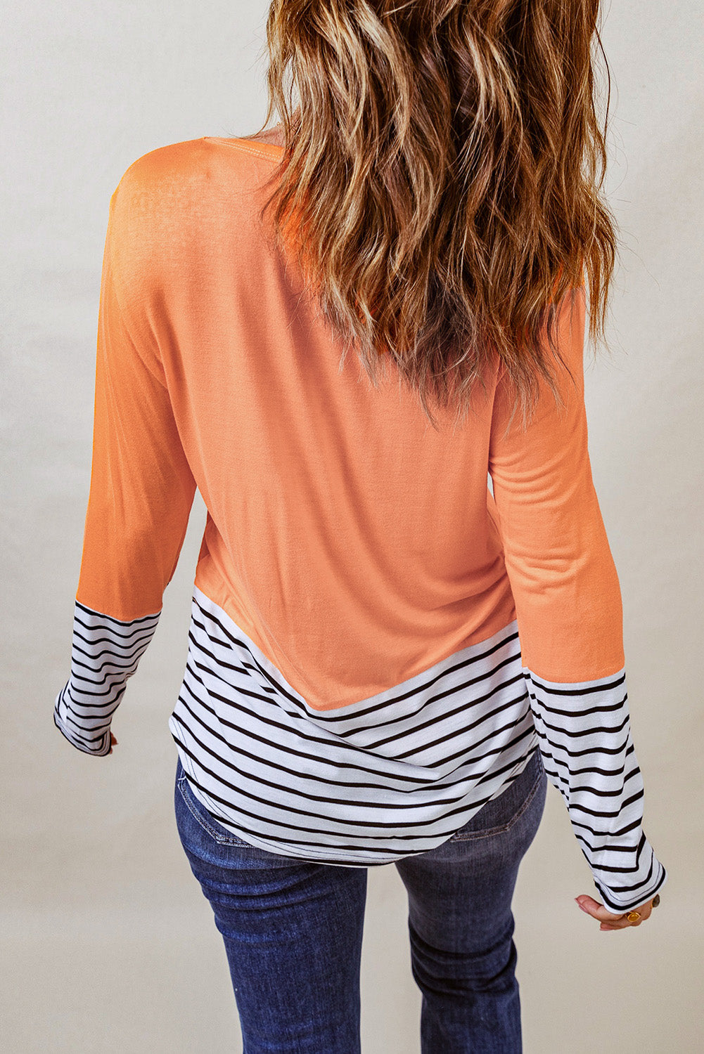 Striped Color Block Rhinestone Curved Hem Top