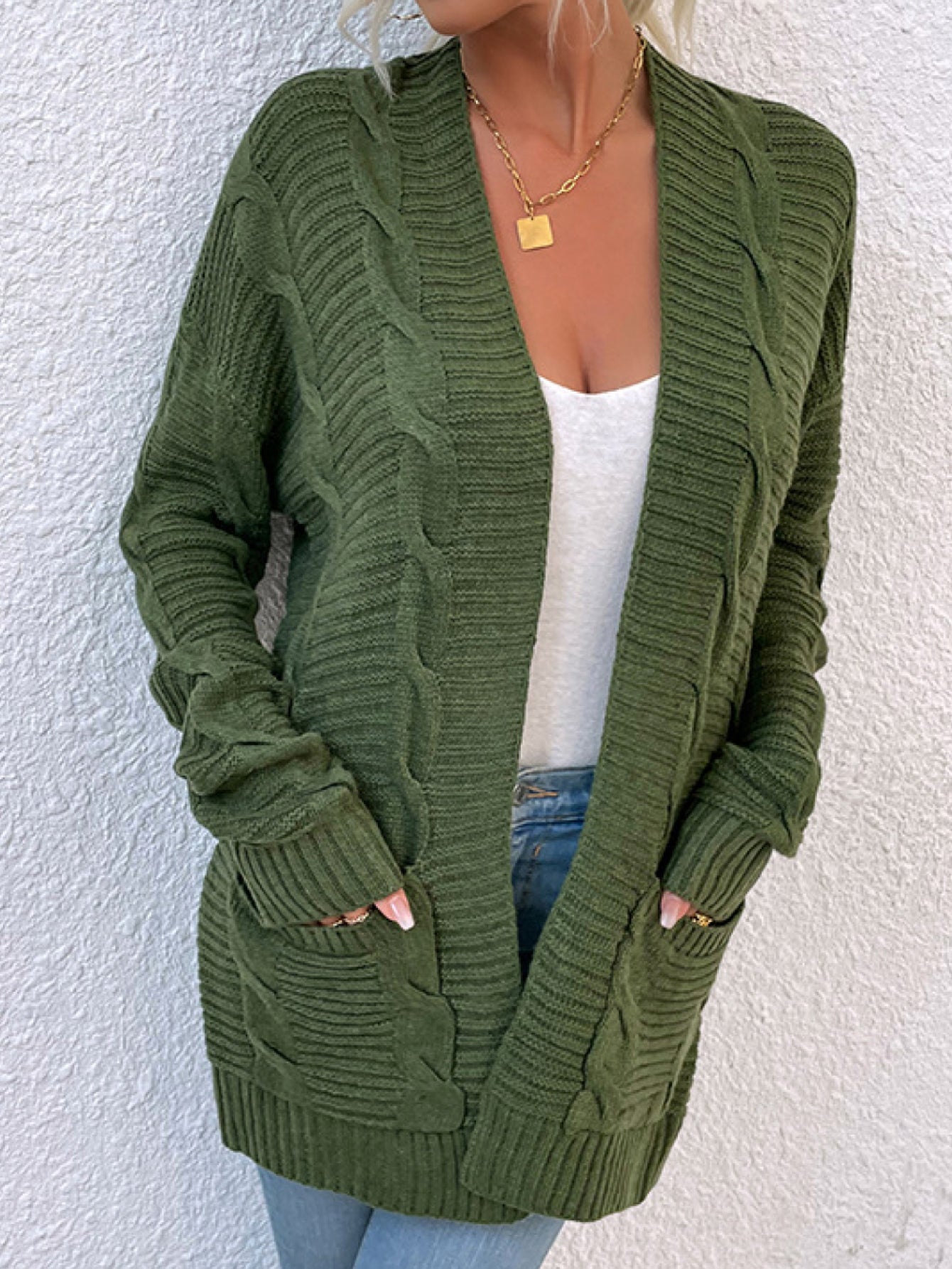 Cable-Knit Open Front Cardigan with Pockets