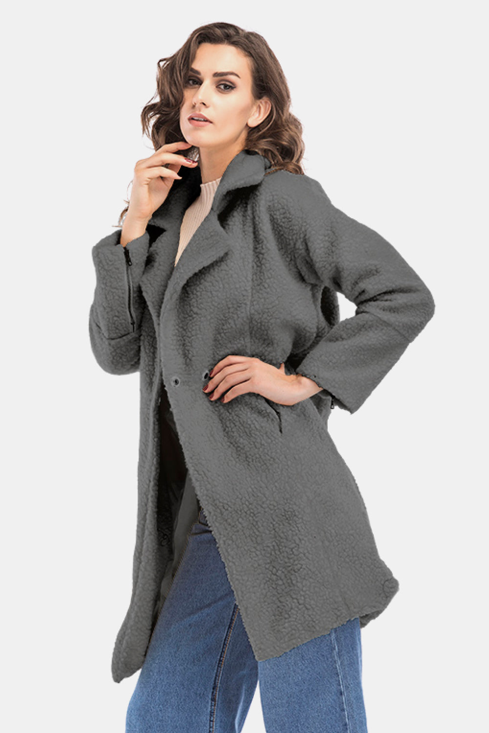 Lapel Collar Zipper Cuff Sherpa Coat