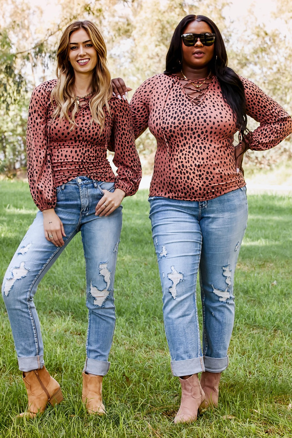 Sugarfox Wild Living Full Size Leopard Lace-Up Top