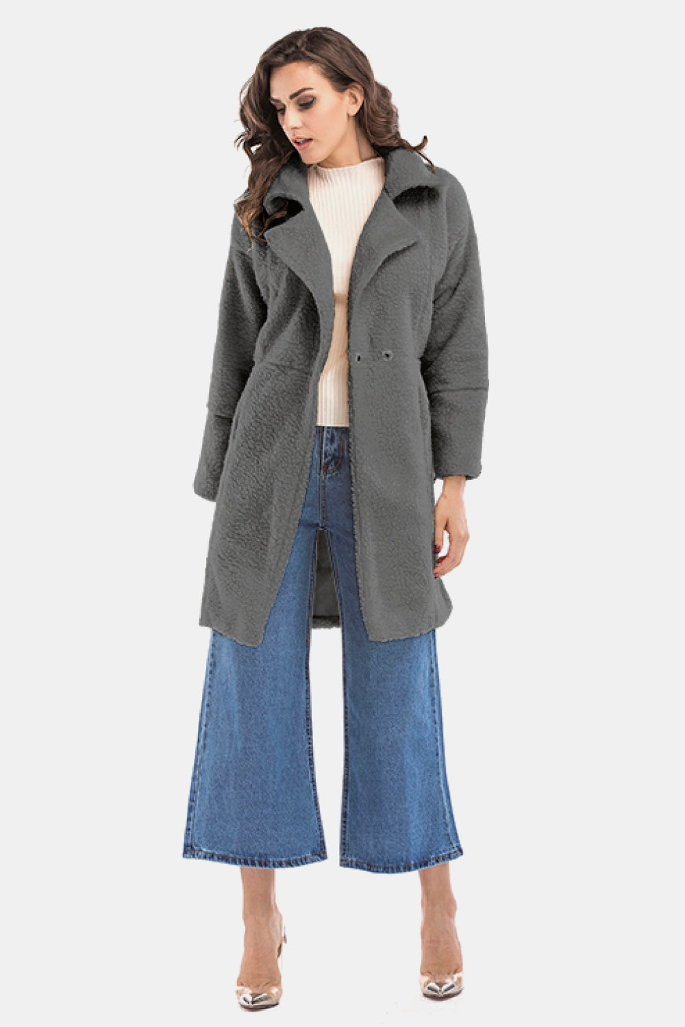 Lapel Collar Zipper Cuff Sherpa Coat