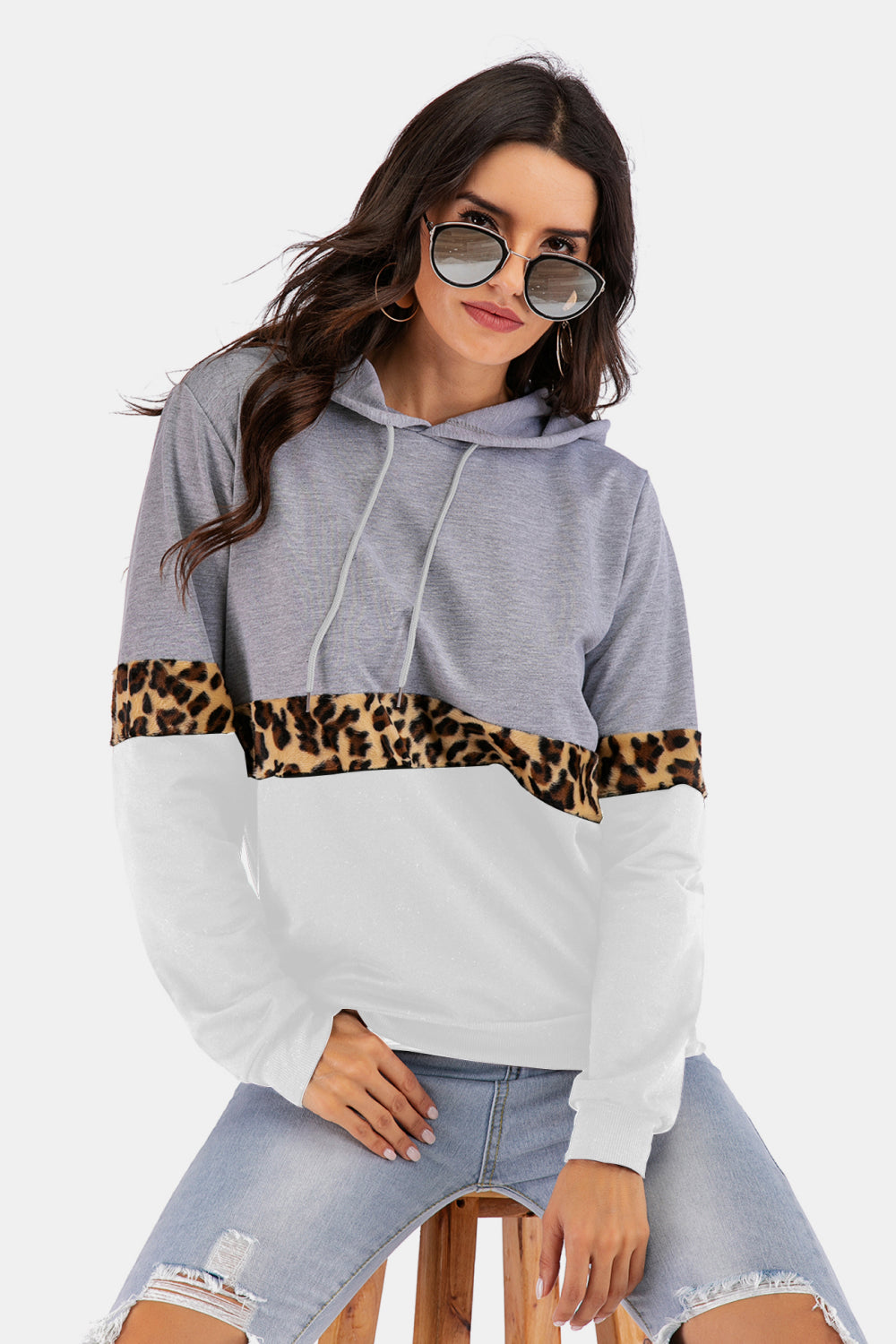 Color Block Leopard Print Drawstring Hoodie