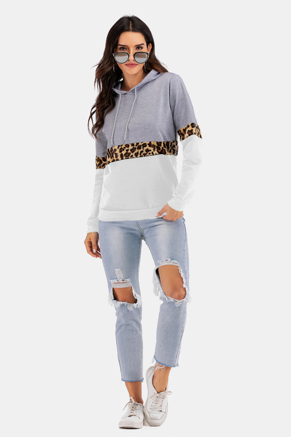 Color Block Leopard Print Drawstring Hoodie