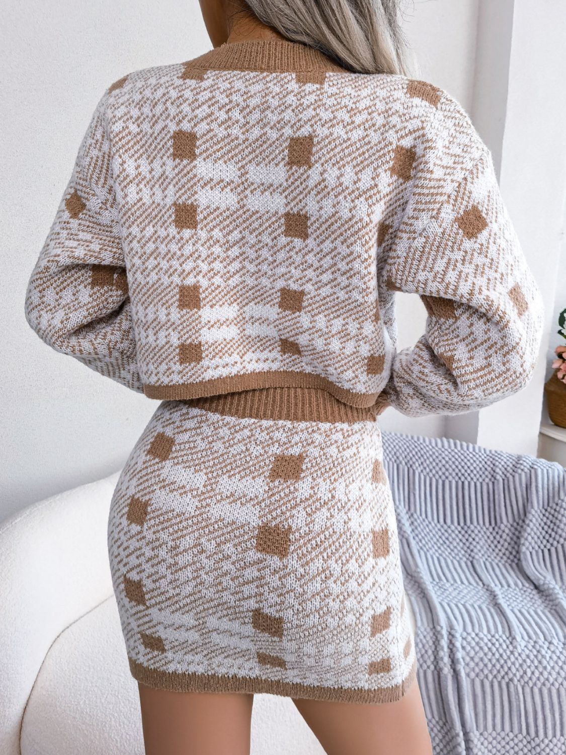 Plaid Cropped Sweater and Knit Skirt Set
