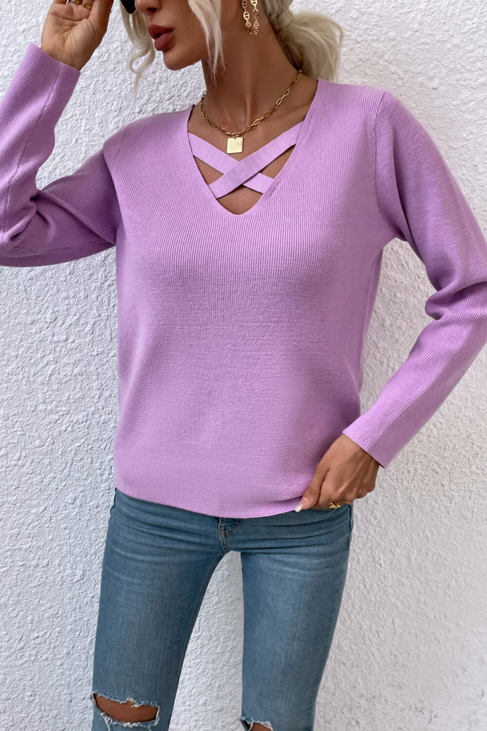 Crisscross V-Neck Knit Top