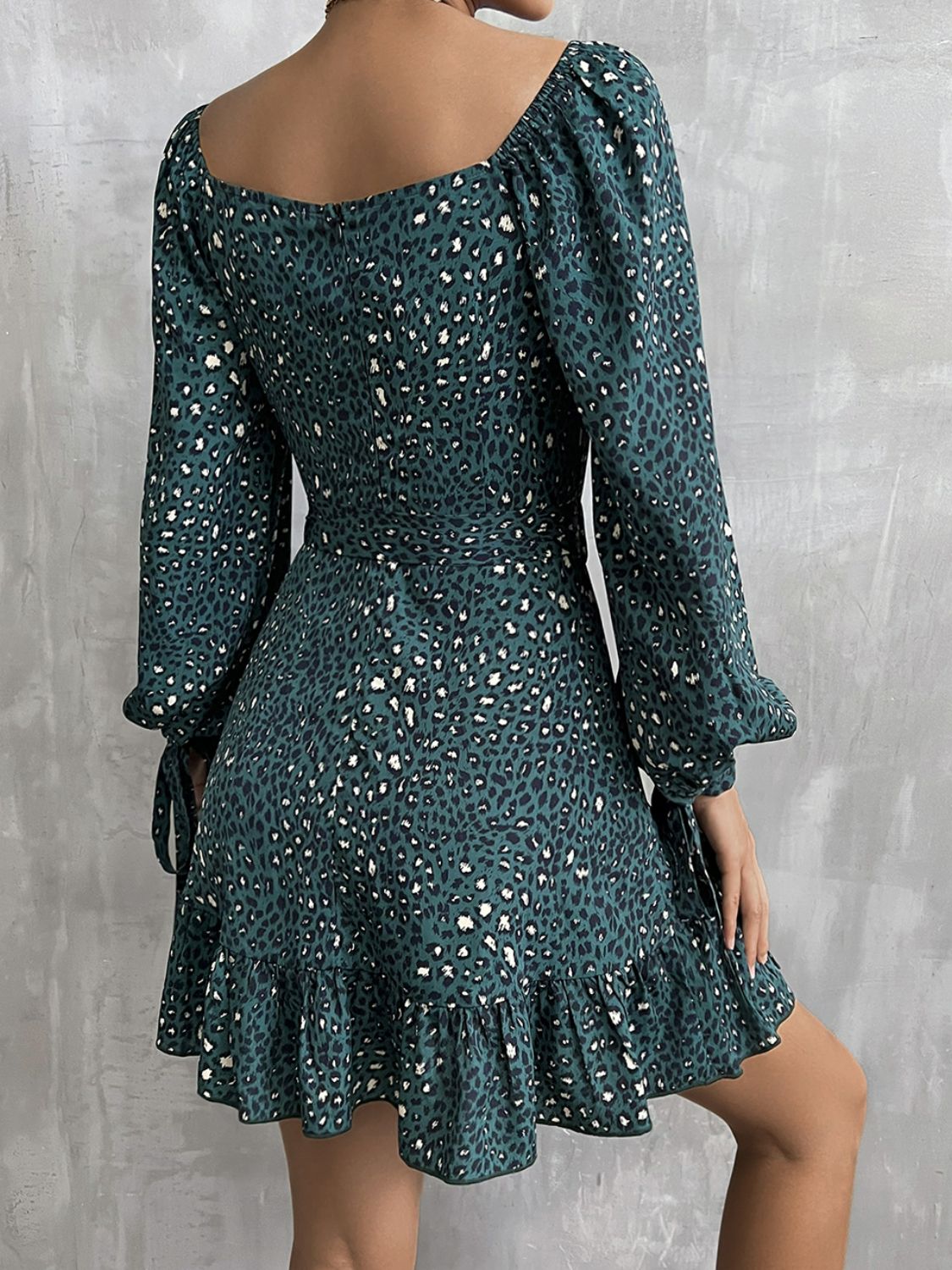 Leopard Tie Cuff Ruffle Hem Belted Dress