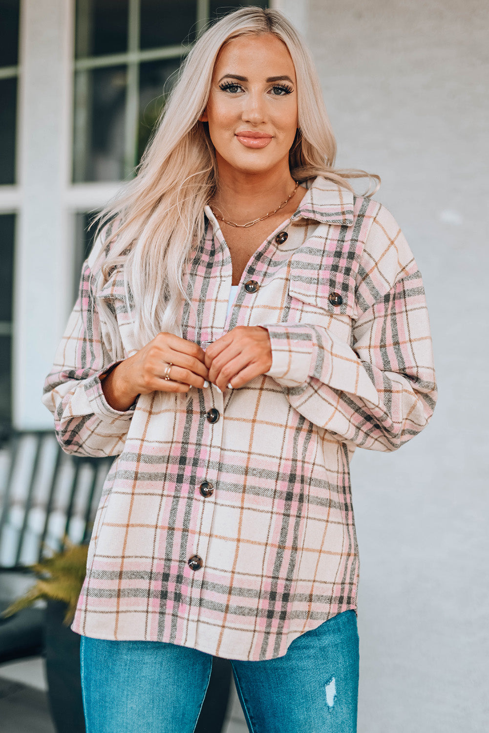 Plaid Button Down Collared Shirt Jacket with Pockets