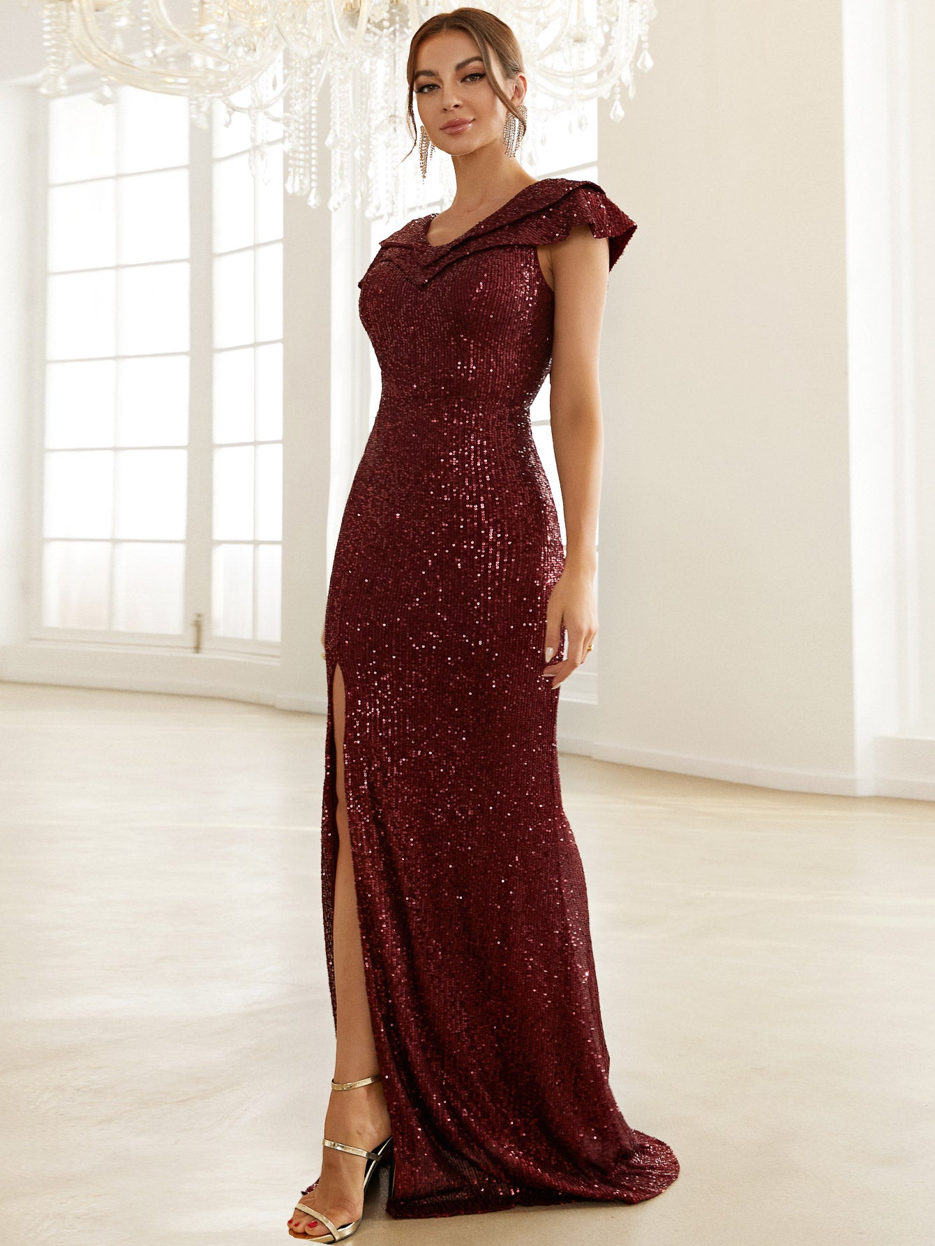 Sequin Capped Sleeve Split Dress