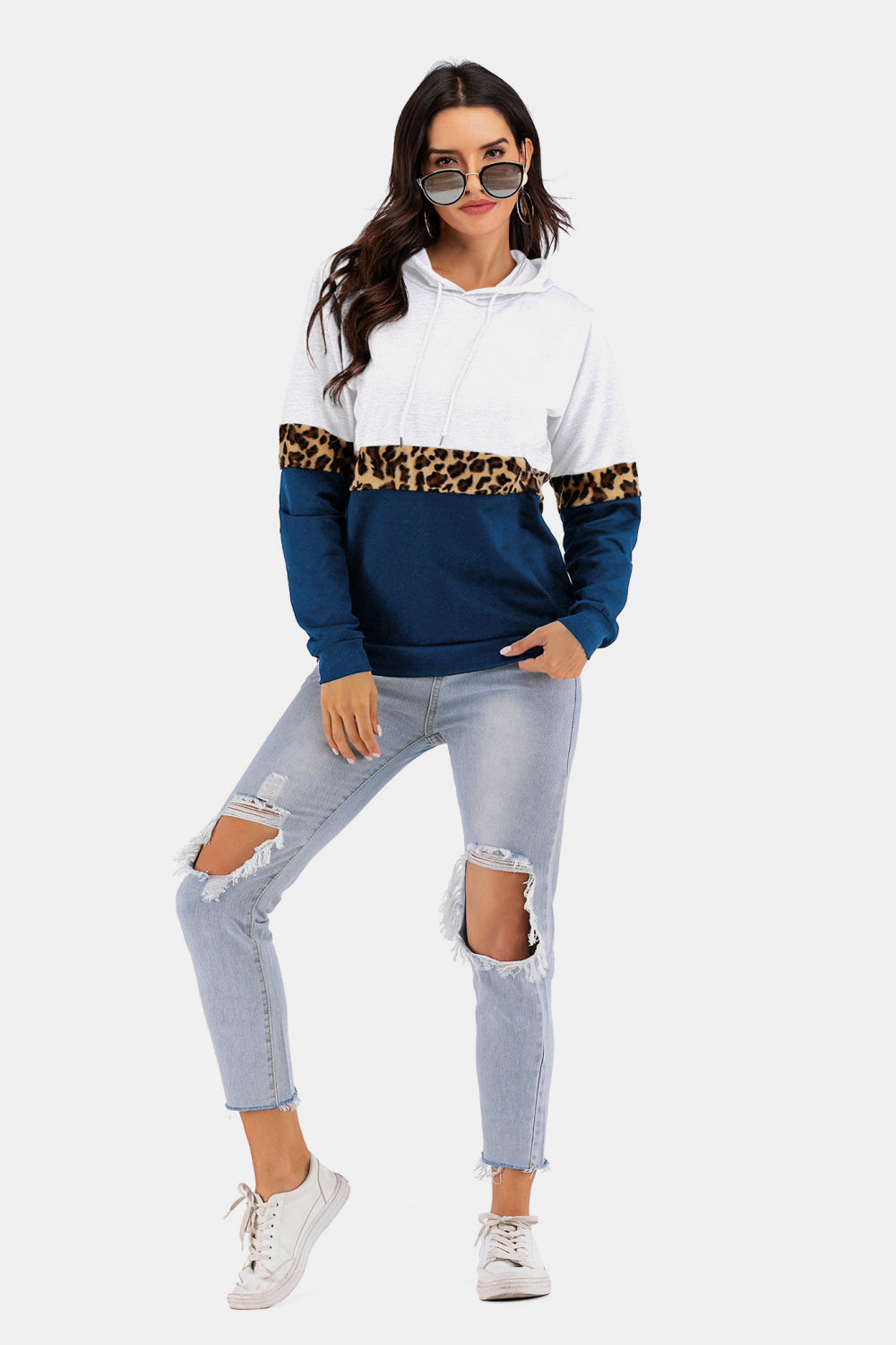 Color Block Leopard Print Drawstring Hoodie