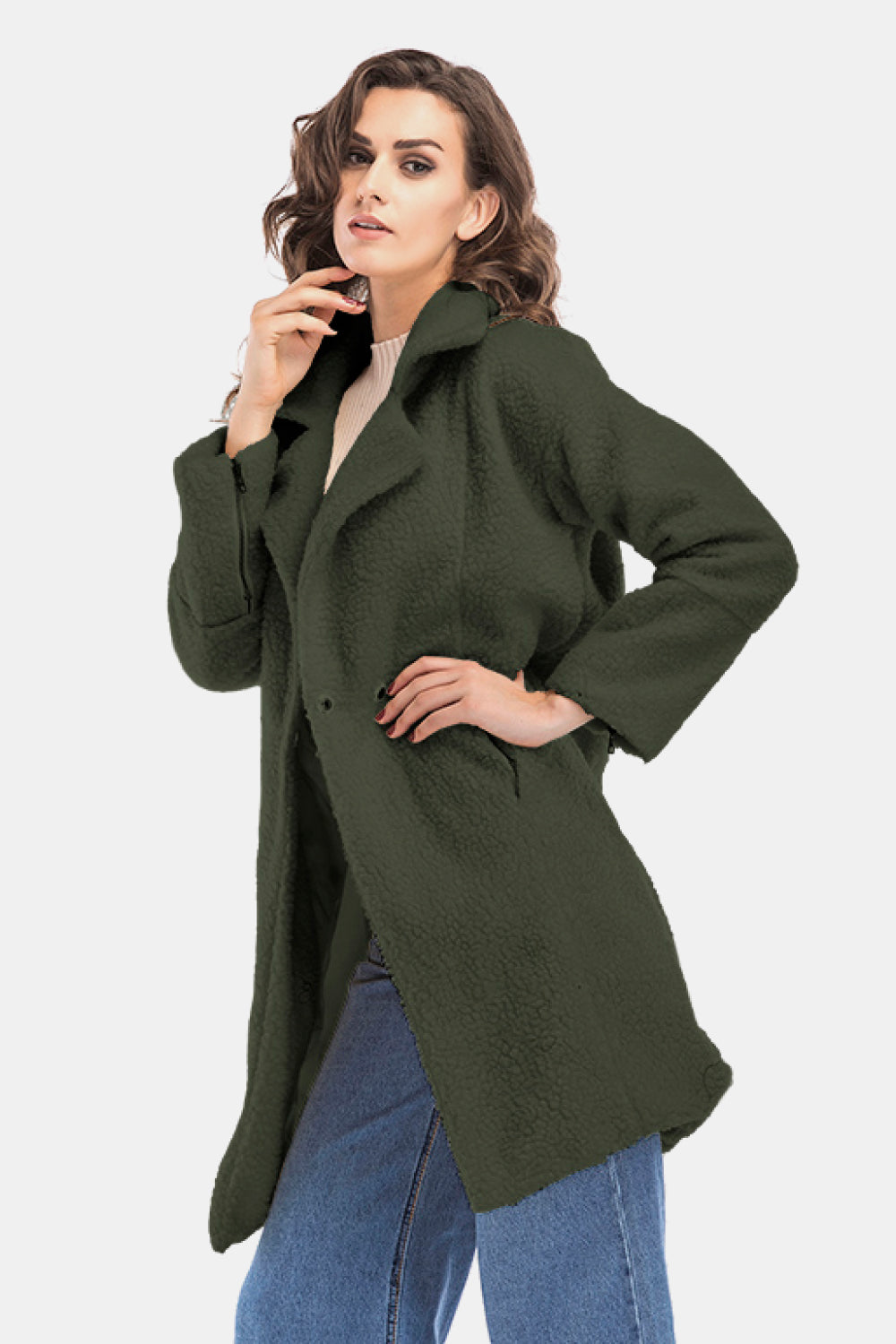 Lapel Collar Zipper Cuff Sherpa Coat