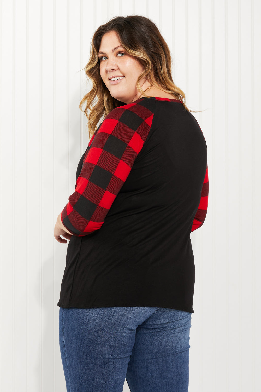 Acting Pro Oh Deer Full Size Sequin Plaid Sleeves Top