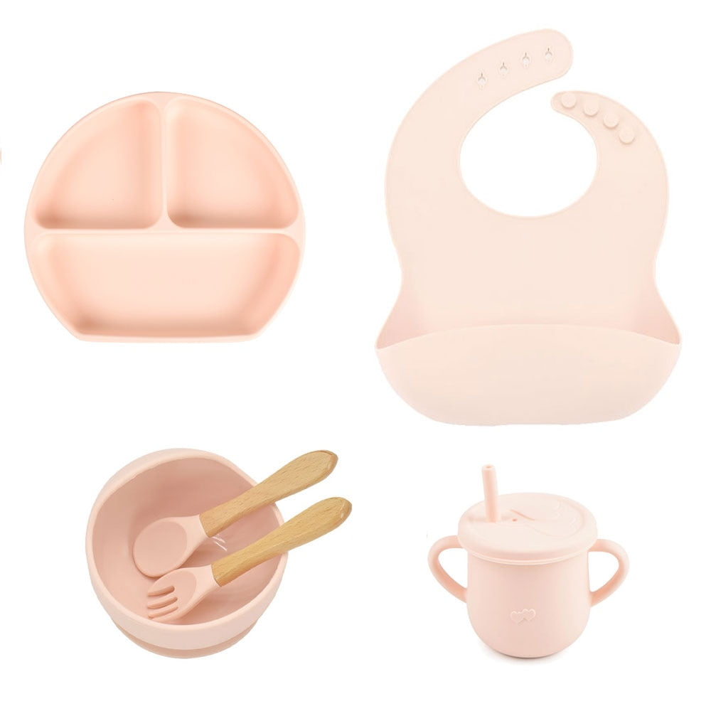 6pcs baby tableware set plate sucktion bowl cup bib spoon fork children silicone feeding cultery set