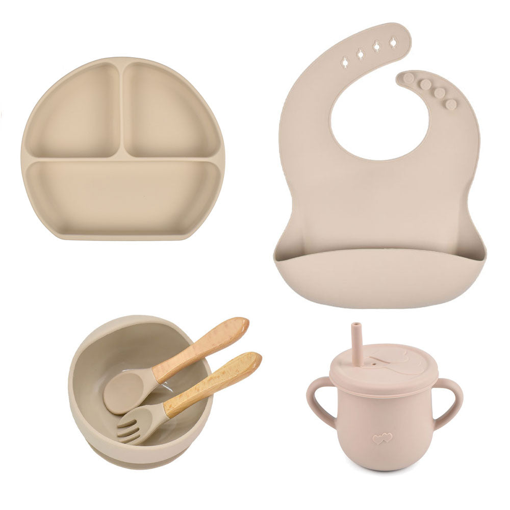 6pcs baby tableware set plate sucktion bowl cup bib spoon fork children silicone feeding cultery set