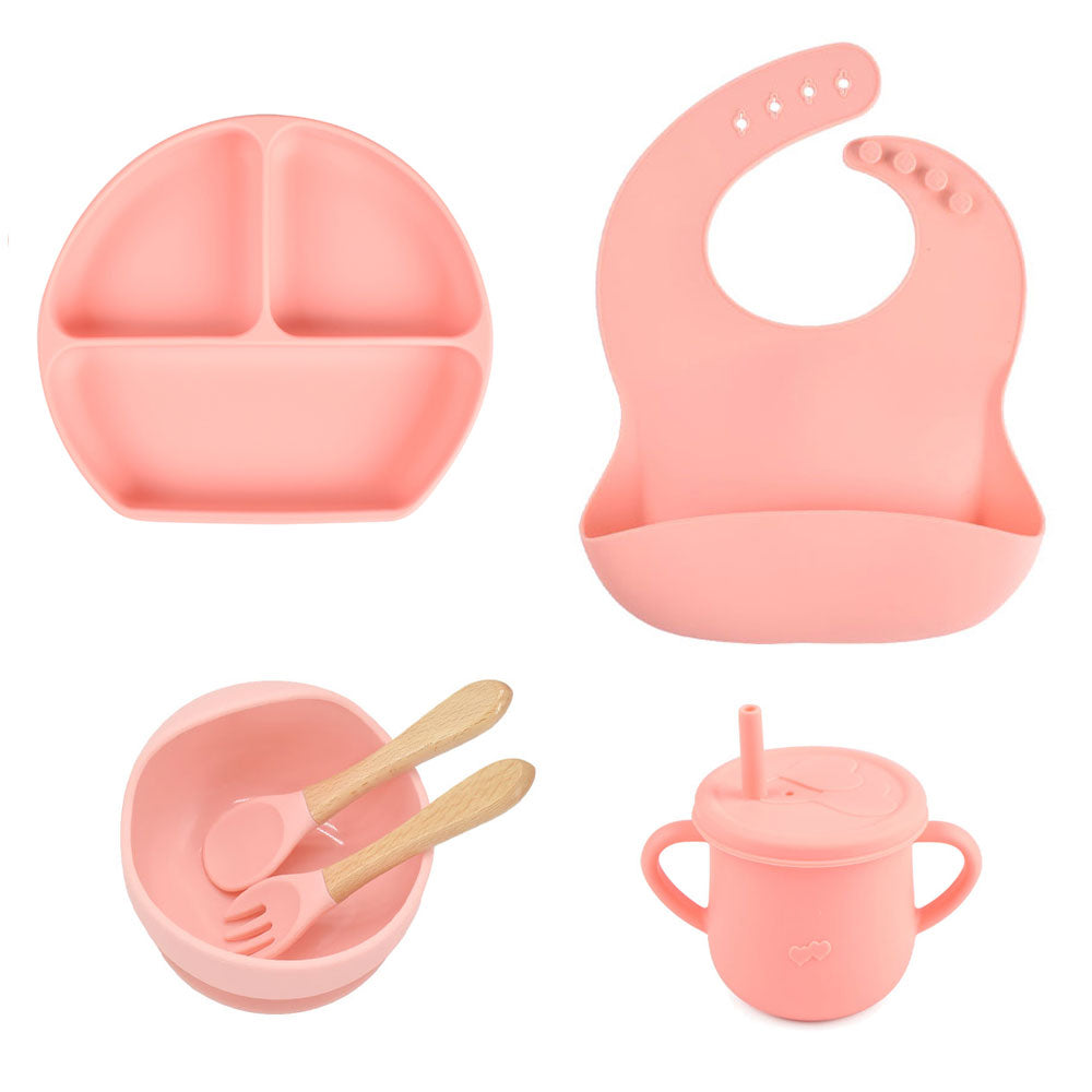 6pcs baby tableware set plate sucktion bowl cup bib spoon fork children silicone feeding cultery set