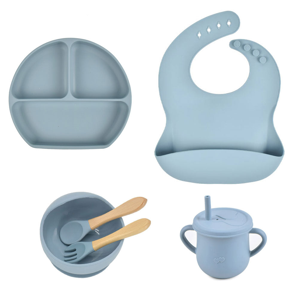 6pcs baby tableware set plate sucktion bowl cup bib spoon fork children silicone feeding cultery set