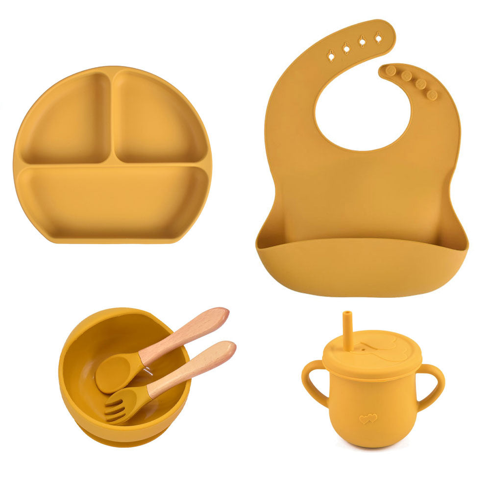6pcs baby tableware set plate sucktion bowl cup bib spoon fork children silicone feeding cultery set