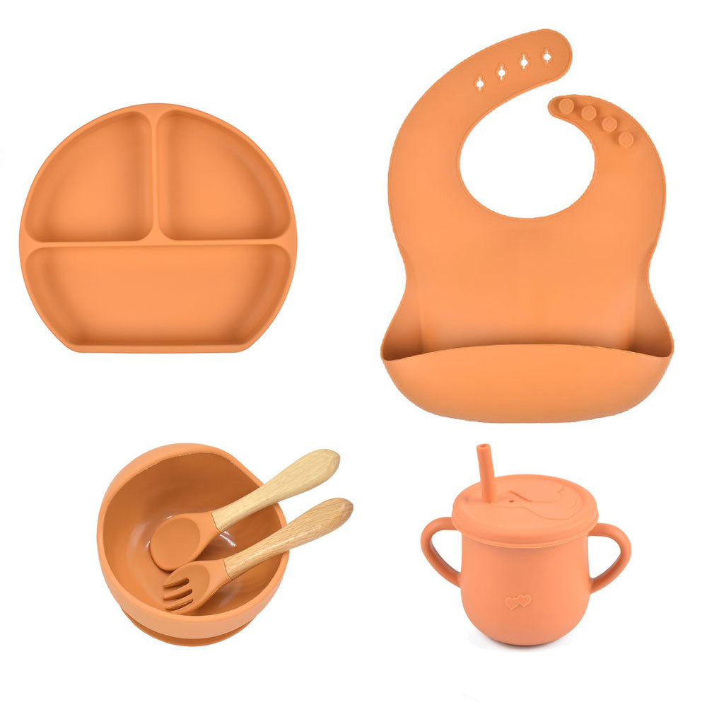 6pcs baby tableware set plate sucktion bowl cup bib spoon fork children silicone feeding cultery set