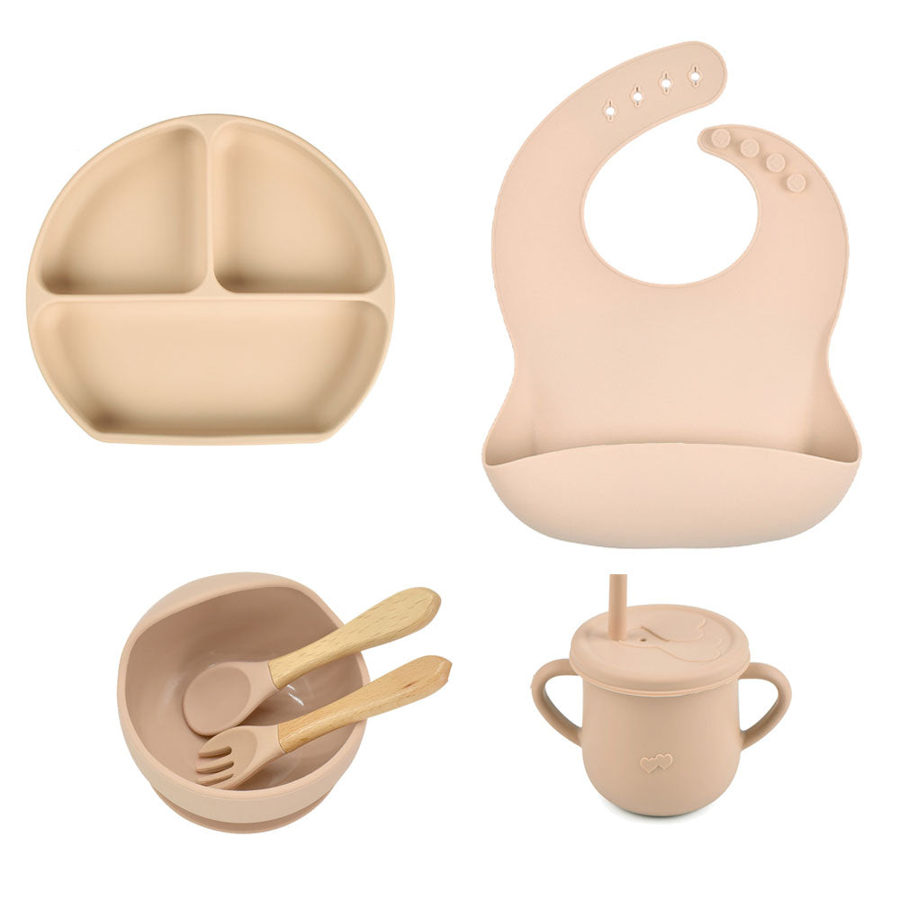6pcs baby tableware set plate sucktion bowl cup bib spoon fork children silicone feeding cultery set