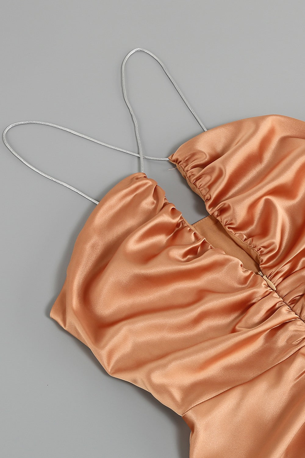 Ruched Zip Detail Spaghetti Strap Split Dress