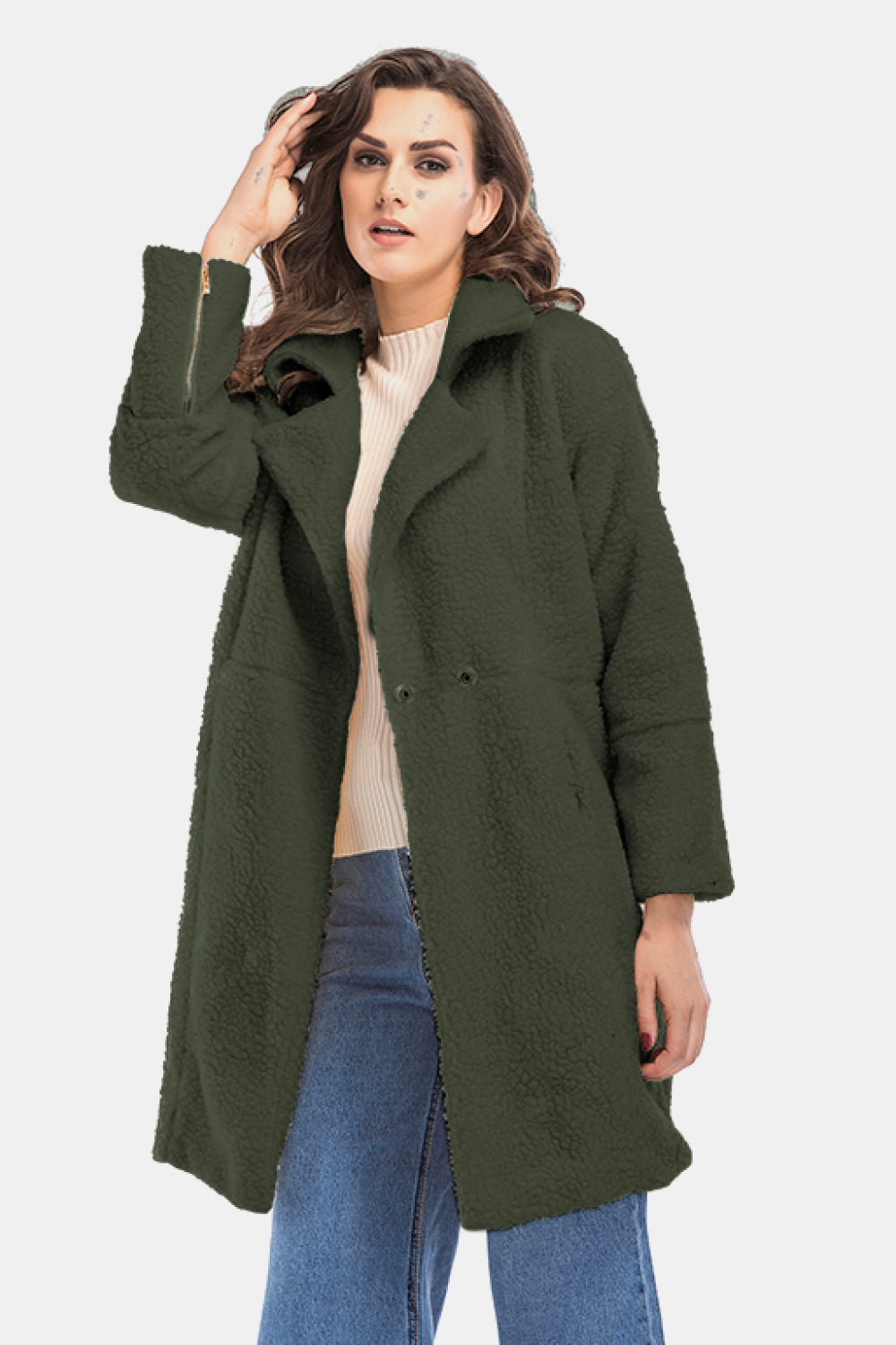 Lapel Collar Zipper Cuff Sherpa Coat