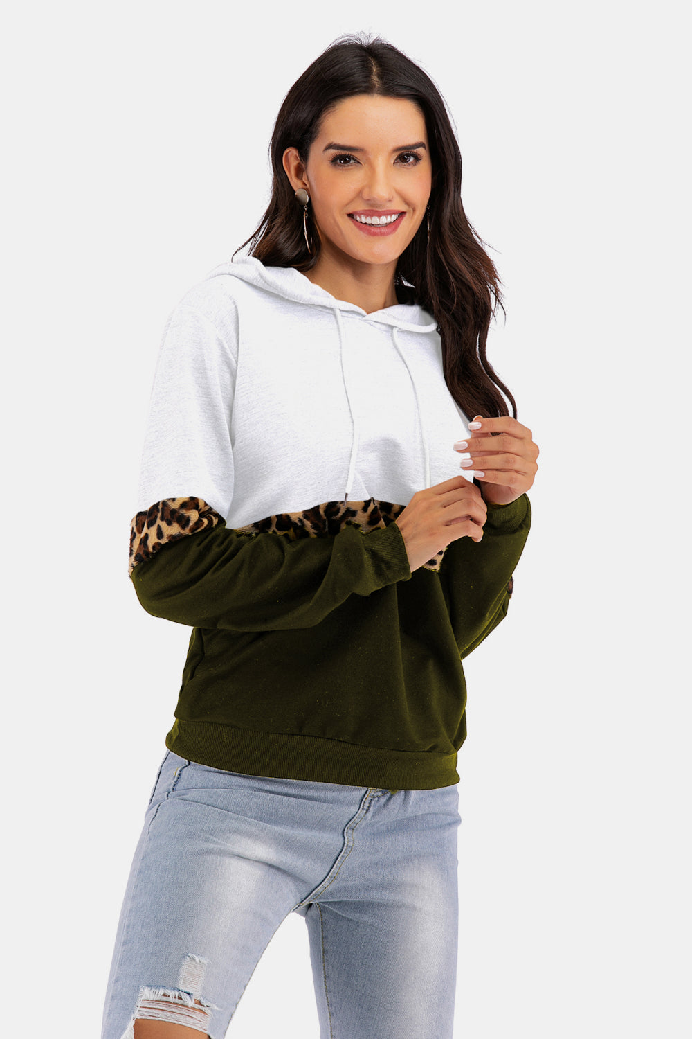 Color Block Leopard Print Drawstring Hoodie