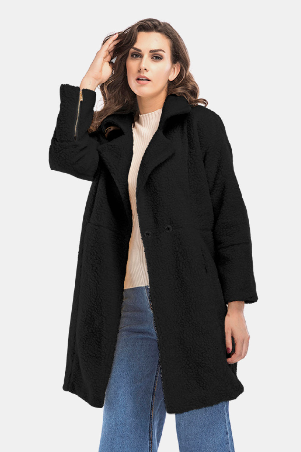 Lapel Collar Zipper Cuff Sherpa Coat