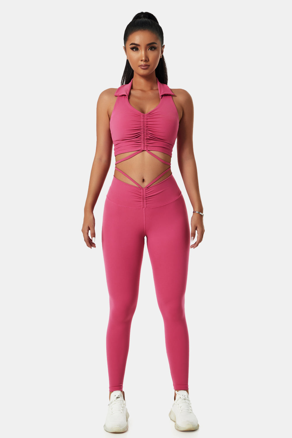 Collared Drawstring Detail Sports Bra and Leggings Set