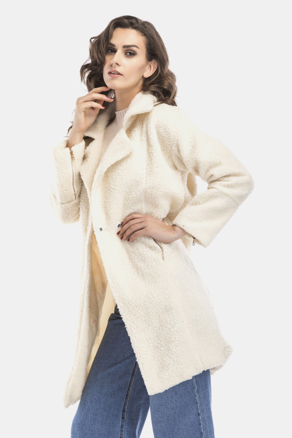 Lapel Collar Zipper Cuff Sherpa Coat
