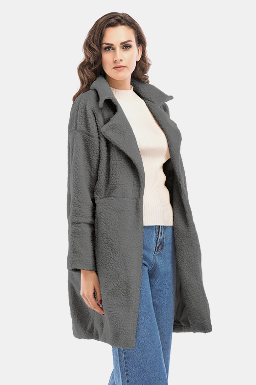 Lapel Collar Zipper Cuff Sherpa Coat