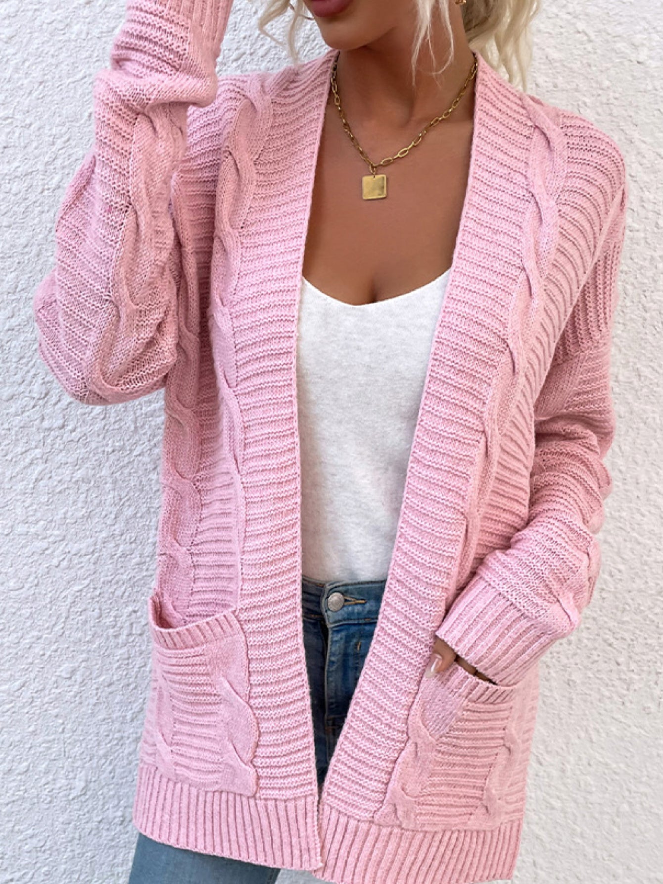 Cable-Knit Open Front Cardigan with Pockets