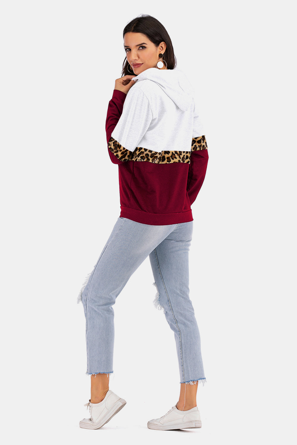 Color Block Leopard Print Drawstring Hoodie