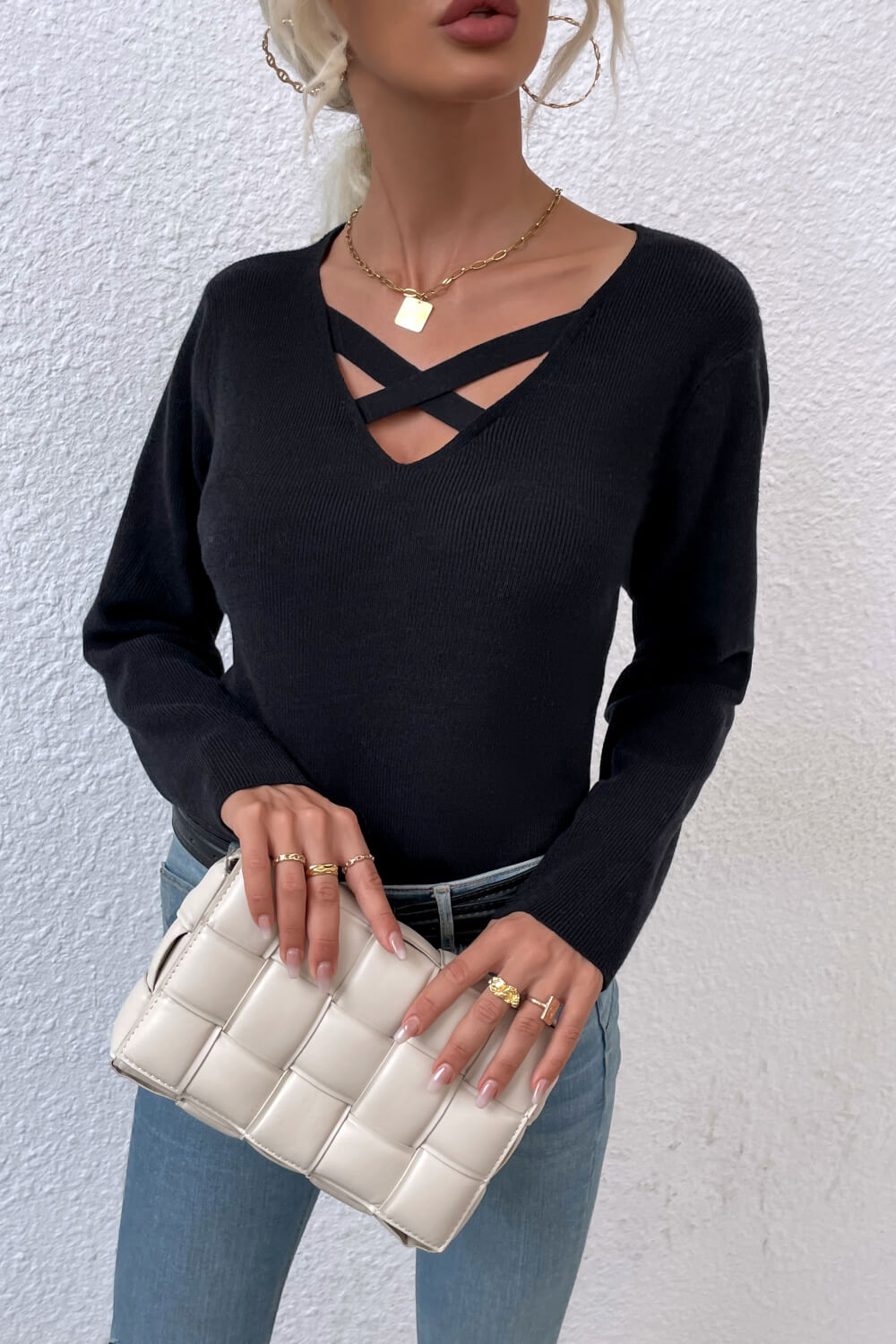 Crisscross V-Neck Knit Top
