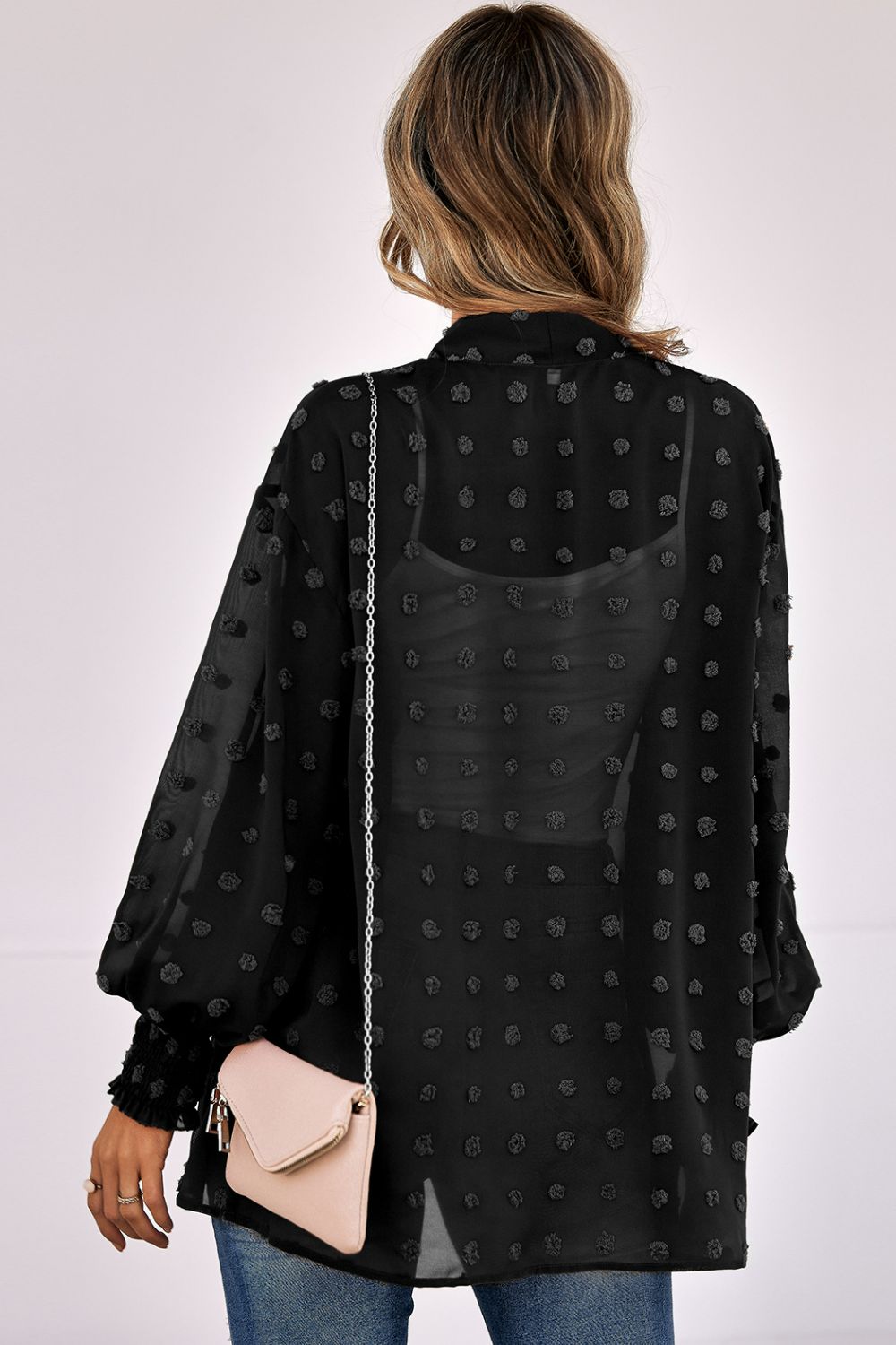 Swiss Dot Smocked Cuff Open Front Sheer Top