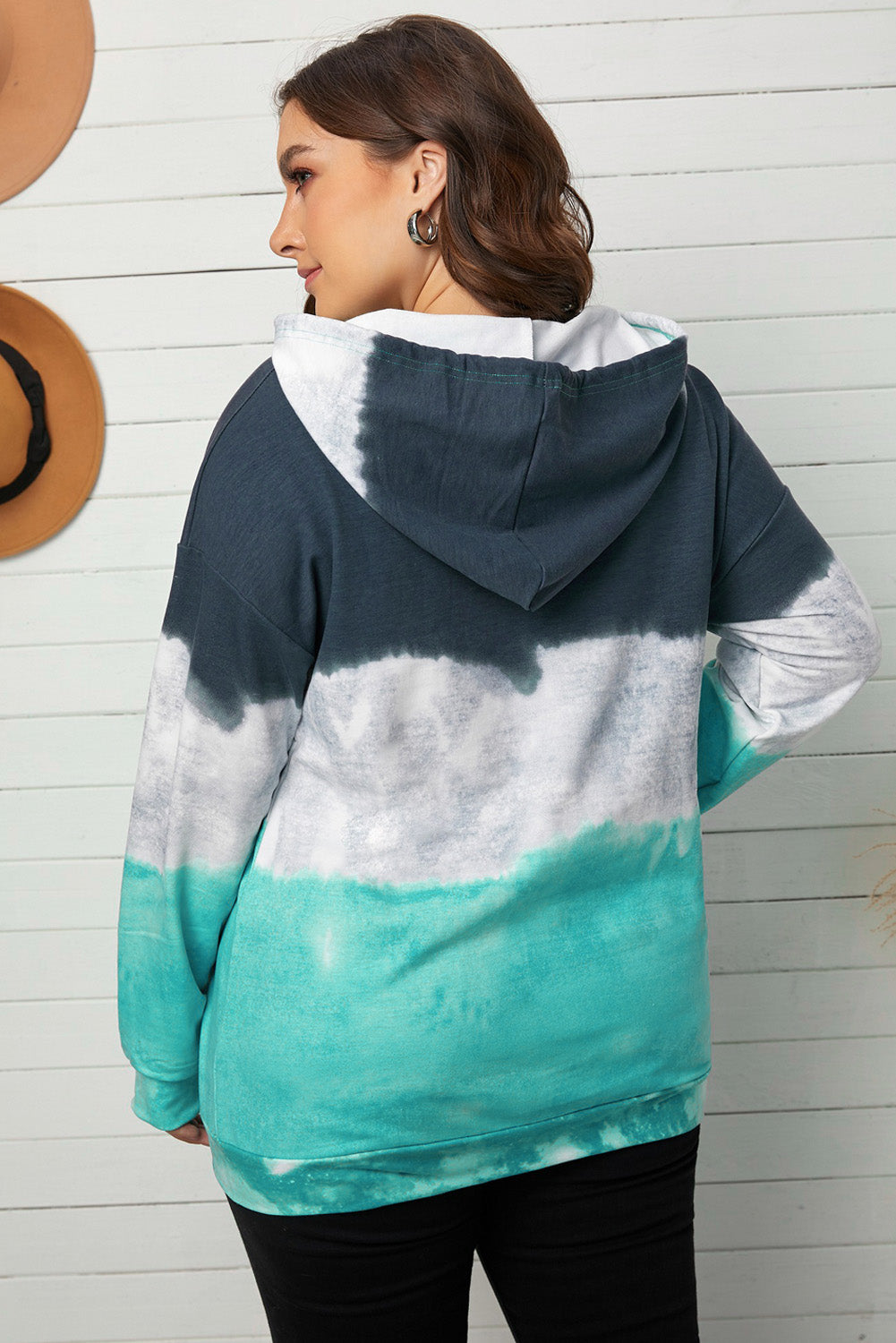 Plus Size Tie-Dye Color Block Tunic Hoodie with Kangaroo Pocket