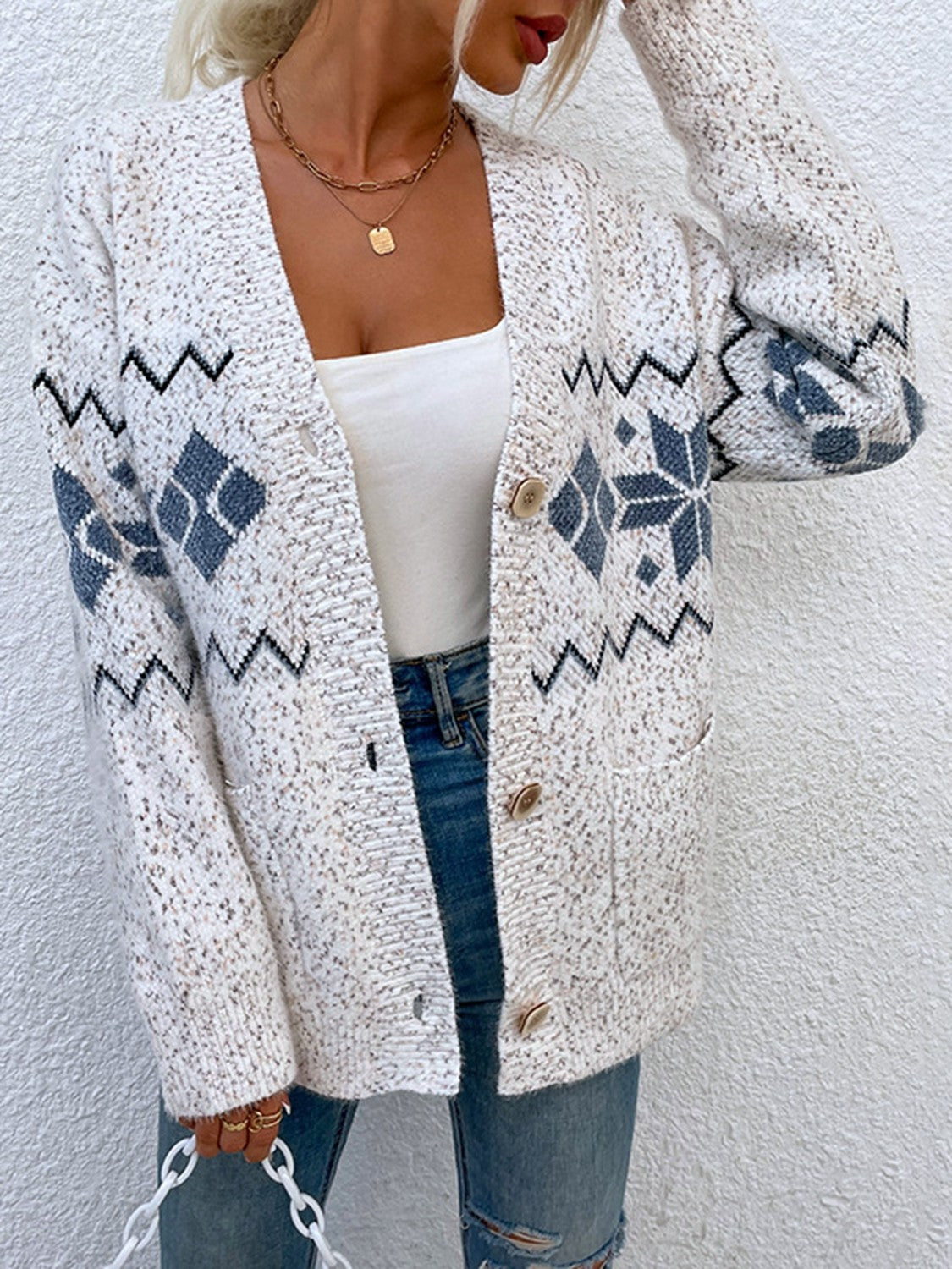 Fair Isle Snowflake Pattern Cardigan with Pockets