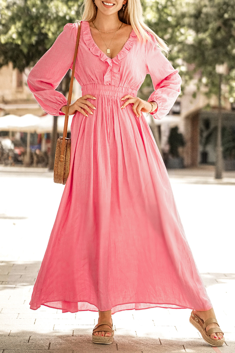 Ruffled V-Neck Empire Waist Maxi Dress