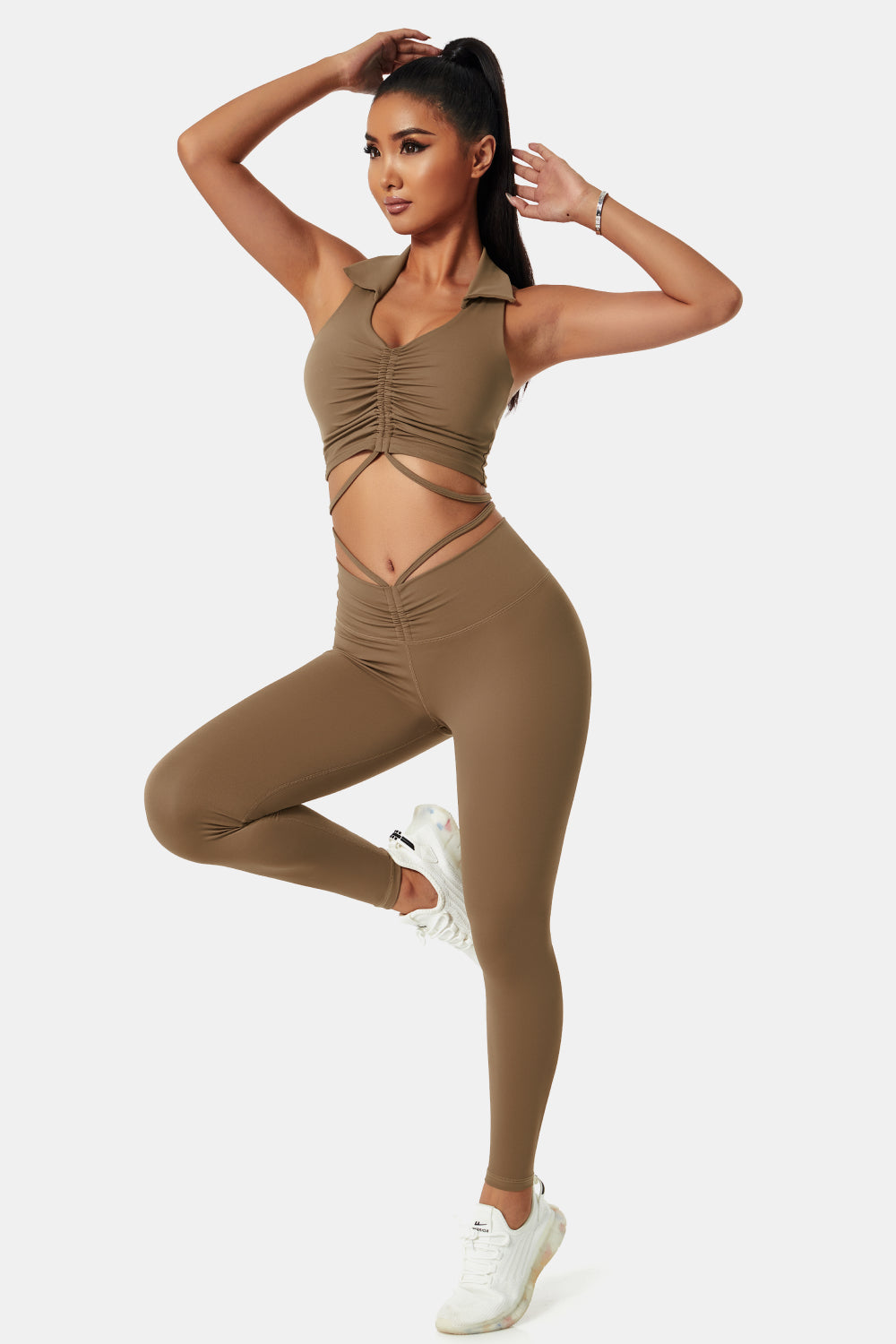 Collared Drawstring Detail Sports Bra and Leggings Set