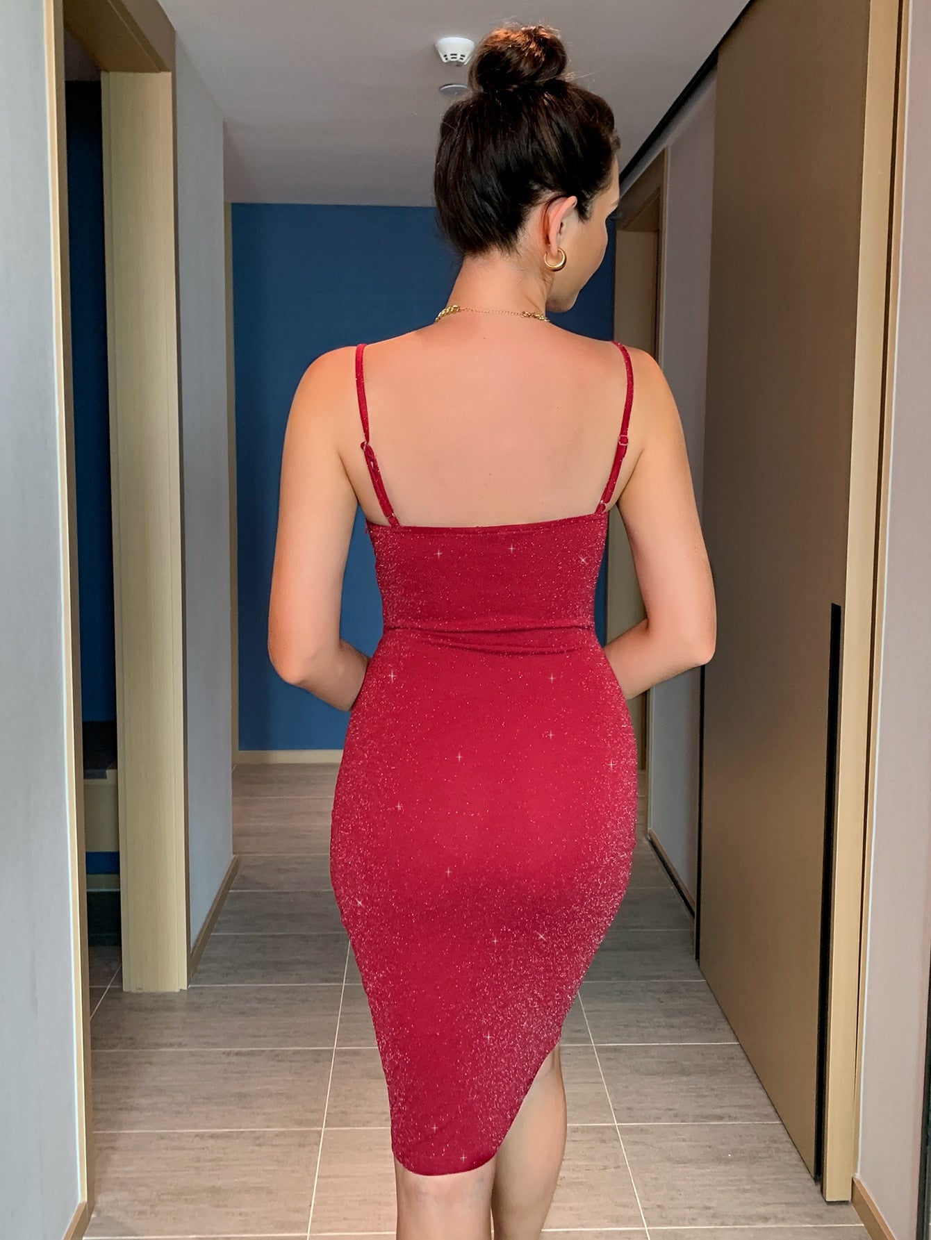 Glitter Cowl Neck Spaghetti Strap Bodycon Dress