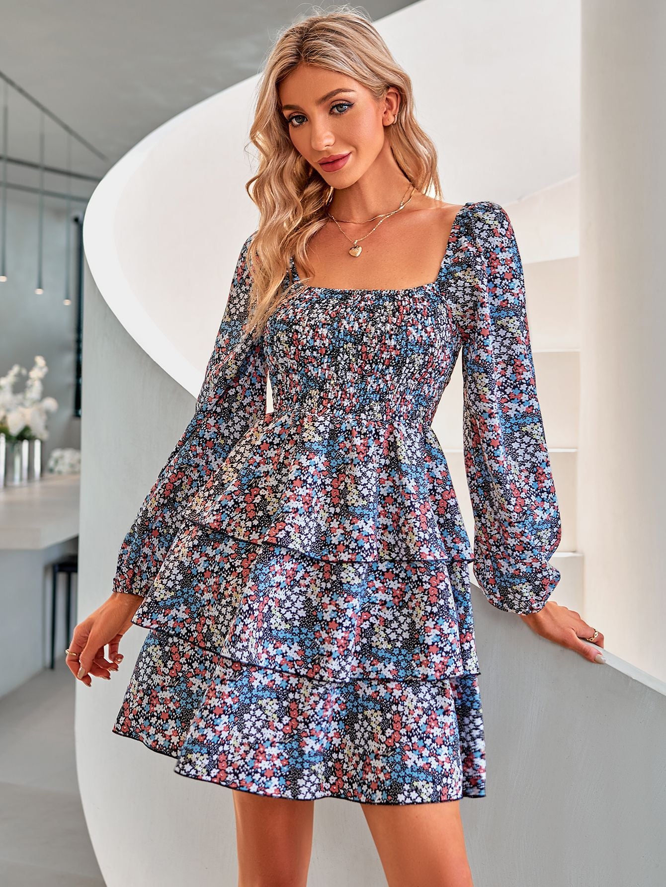 Floral Square Neck Smocked Layered Dress