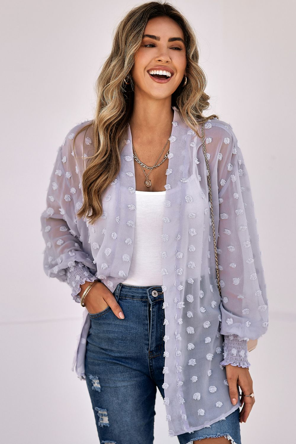 Swiss Dot Smocked Cuff Open Front Sheer Top