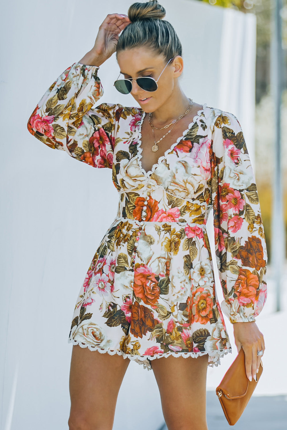 Floral Lace Trim V-Neck Balloon Sleeve Romper