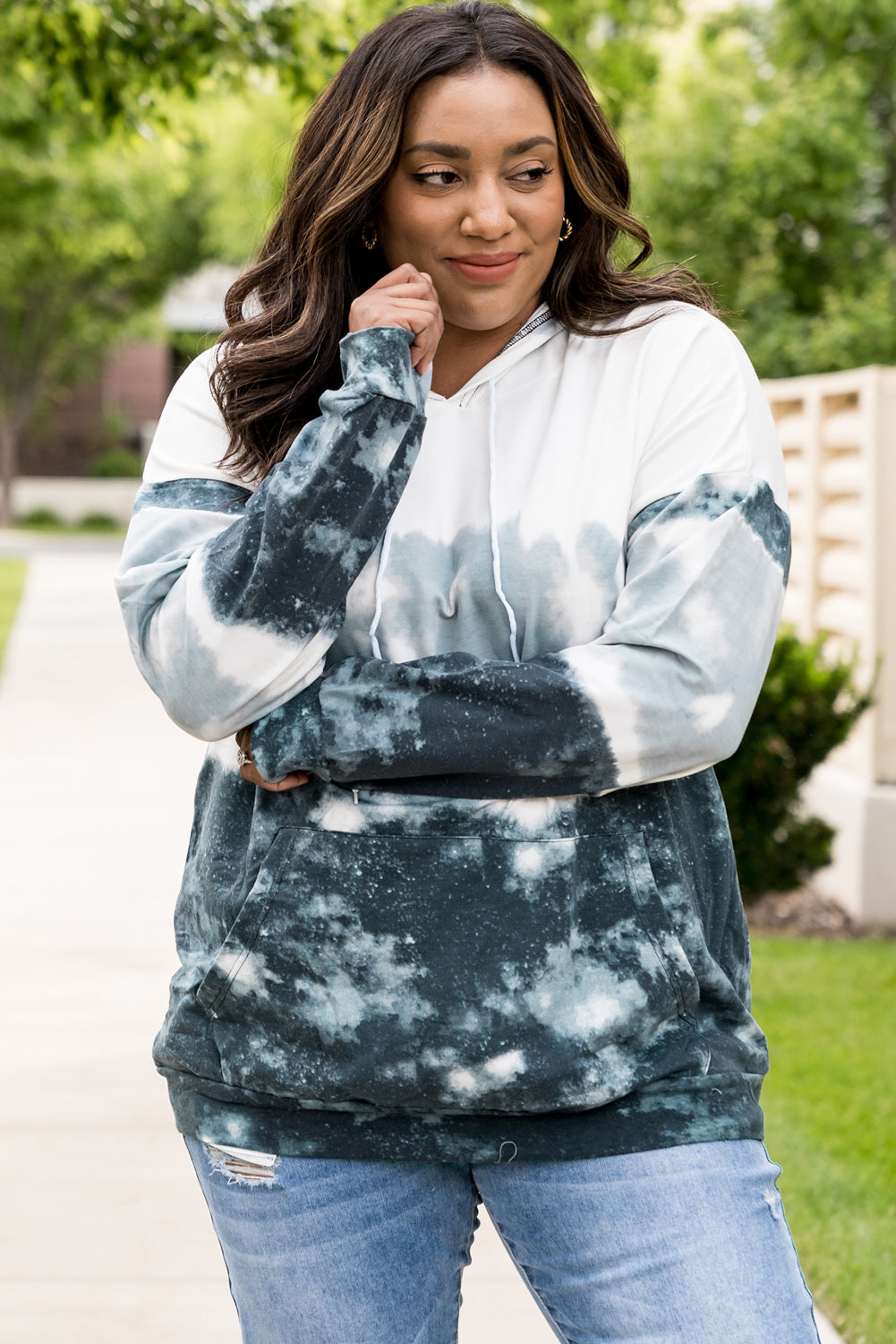 Plus Size Tie-Dye Color Block Tunic Hoodie with Kangaroo Pocket