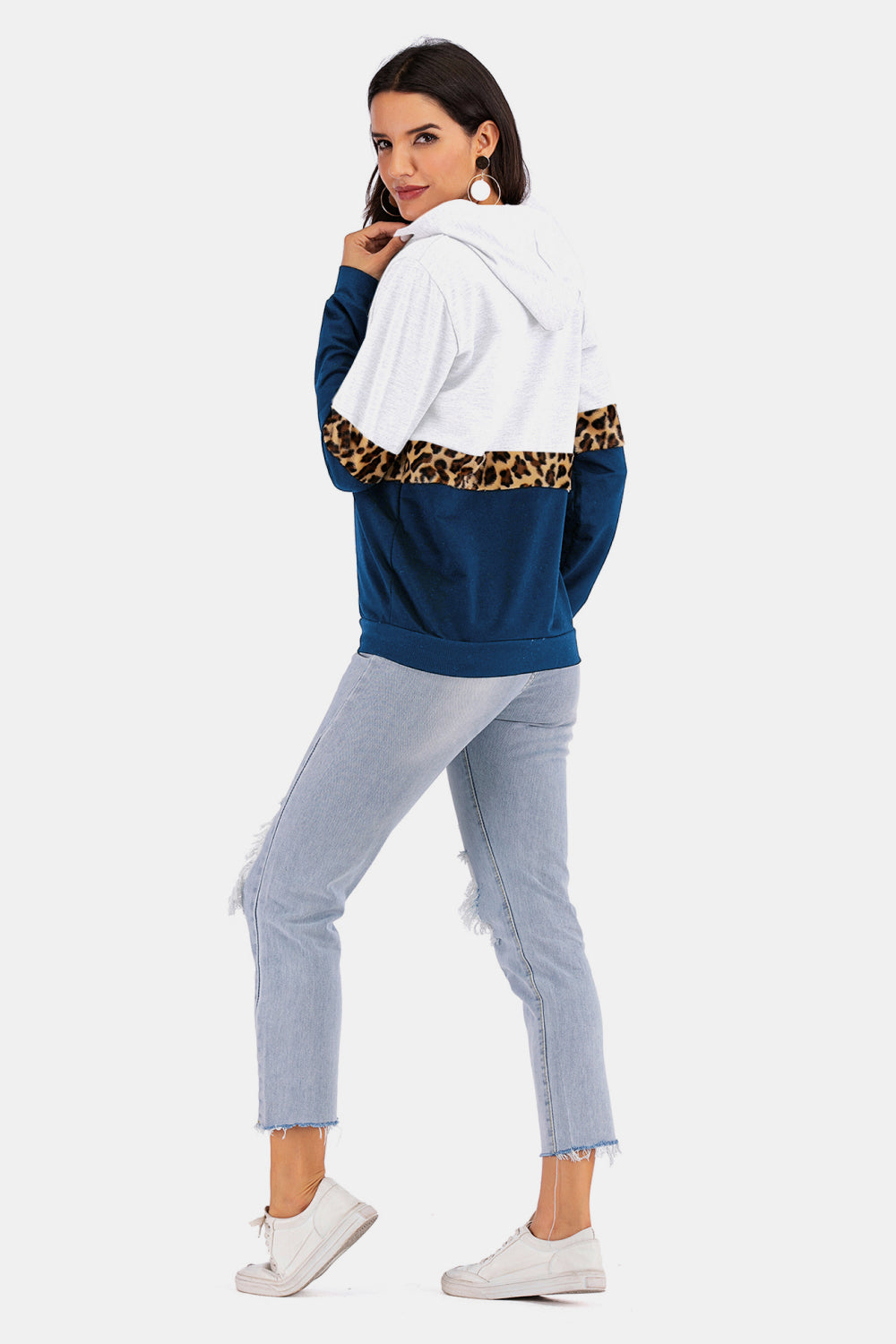 Color Block Leopard Print Drawstring Hoodie