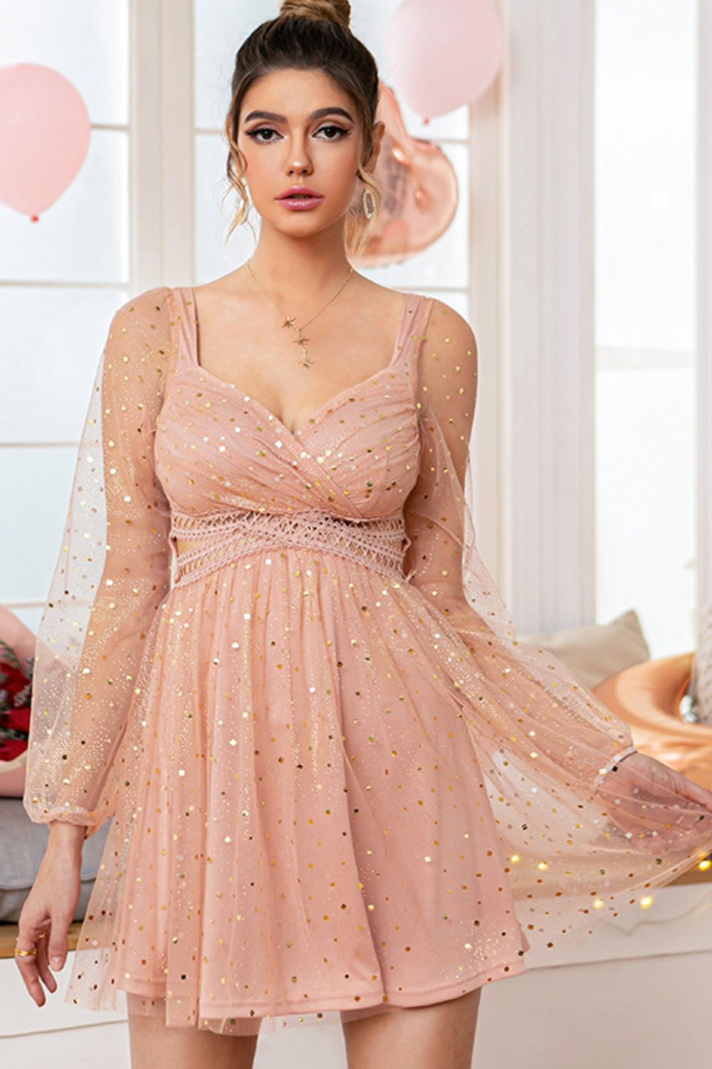 Glitter Ruched Mesh Sleeve Mini Dress
