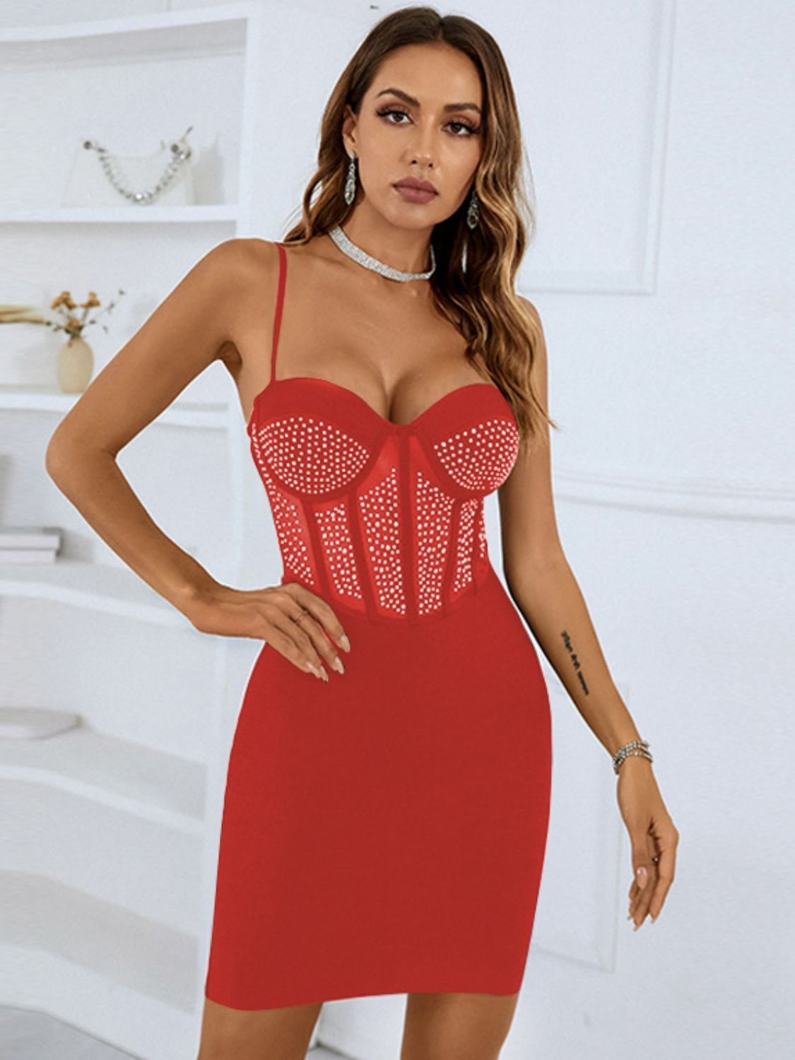 Rhinestone Spaghetti Strap Mini Dress