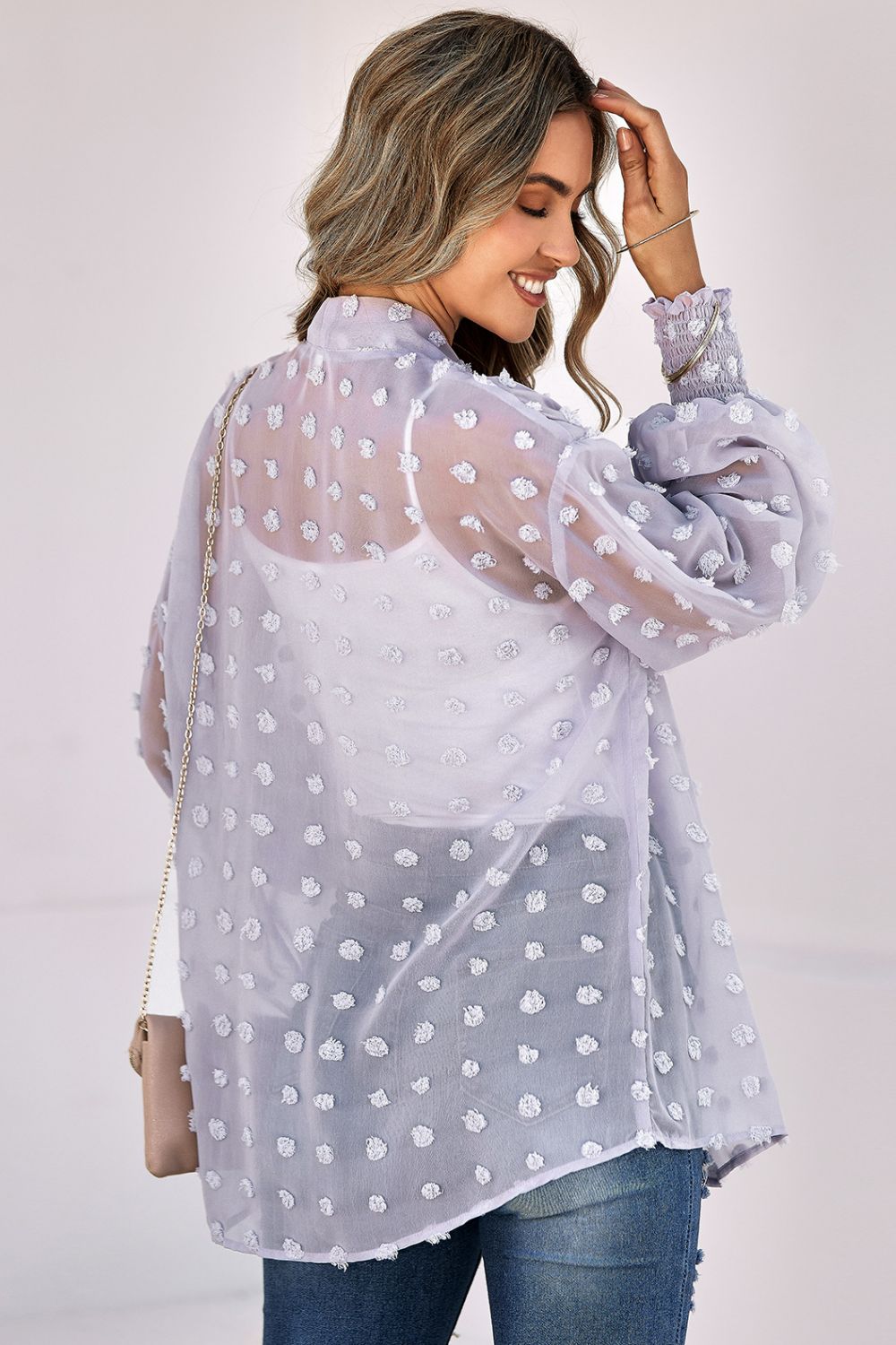 Swiss Dot Smocked Cuff Open Front Sheer Top