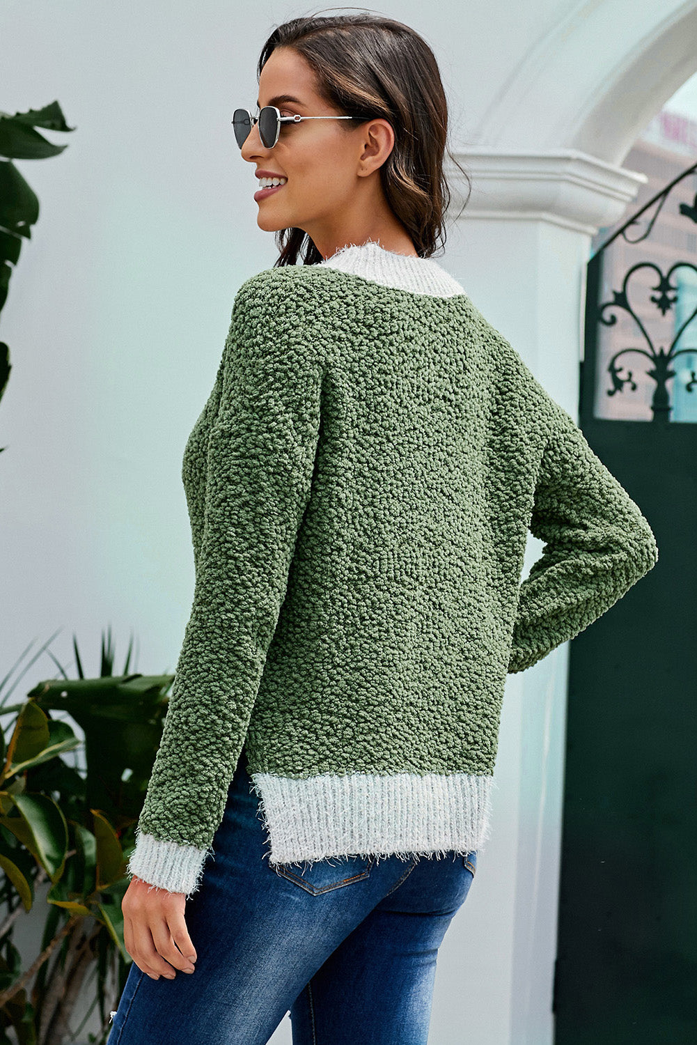 Contrast Trim Popcorn Knit Sweater