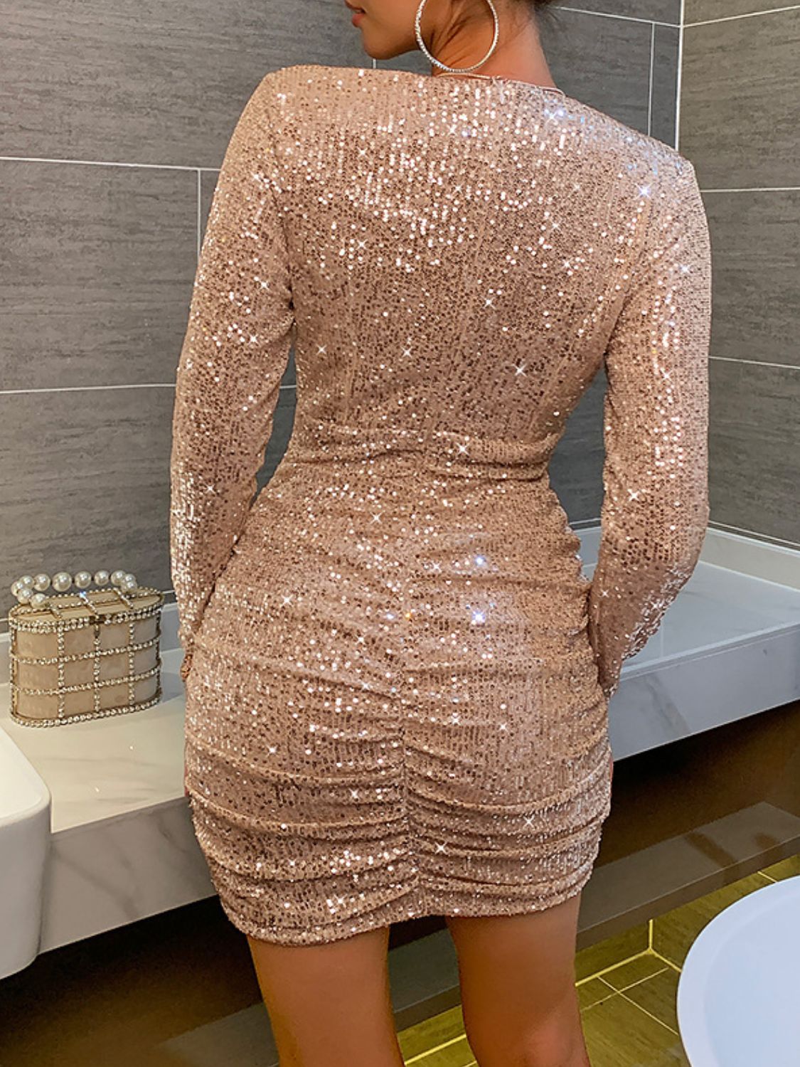 Sequin Surplice Long-Sleeve Mini Dress