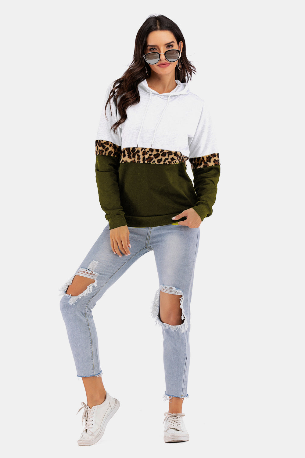 Color Block Leopard Print Drawstring Hoodie